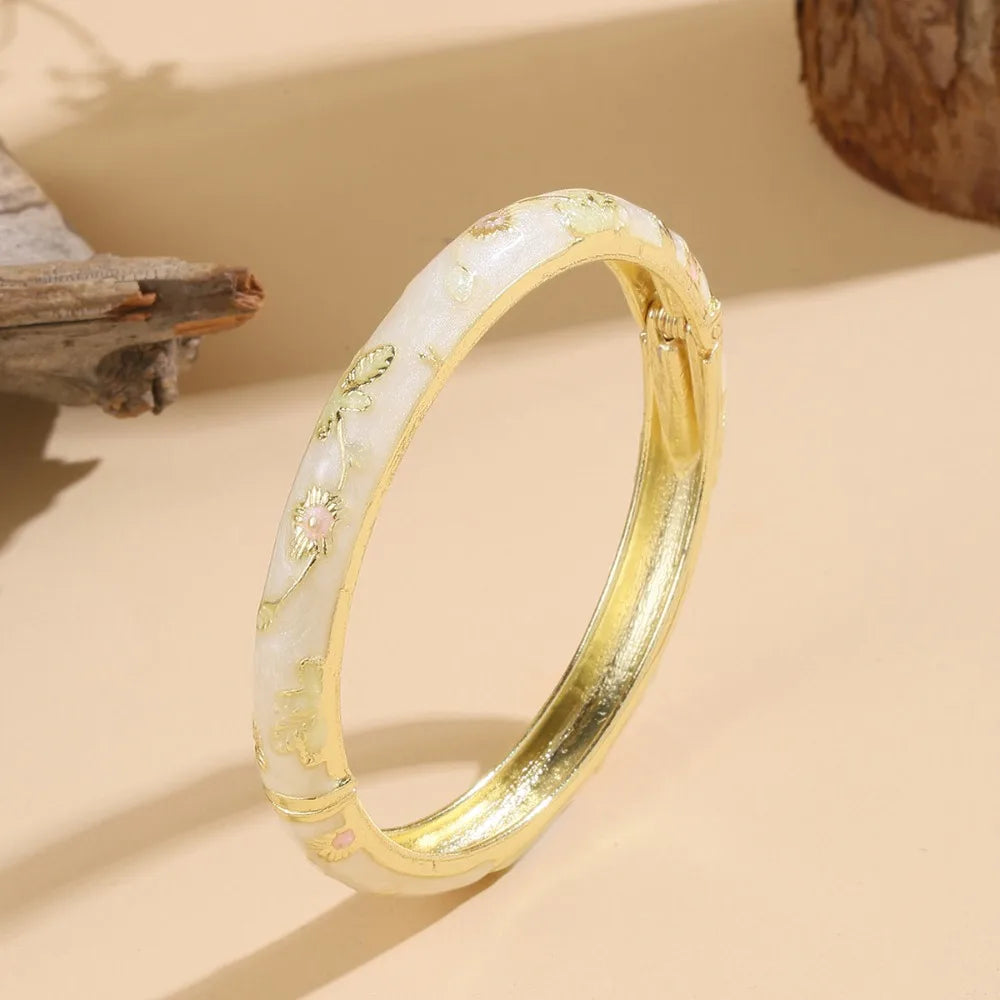 Flower Enamel Cloisonné Bangle – Vintage Filigree Bracelet Enamel Bangle PLUSH White