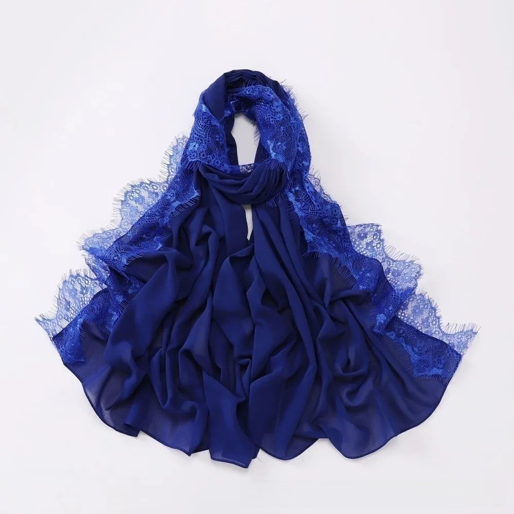 Women's Chiffon Hijab Scarf – Soft Lace Trim Long Shawl Wrap Hijab Head Scarf PLUSH