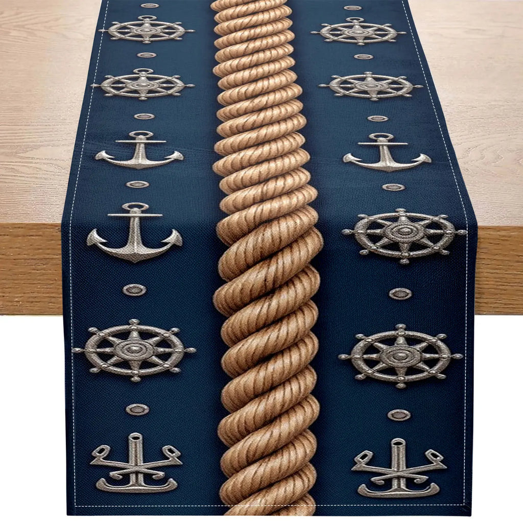Nautical Table Runner – Anchor, Rope & Wheel Print Décor Table Runner PLUSH A 33X275Cm
