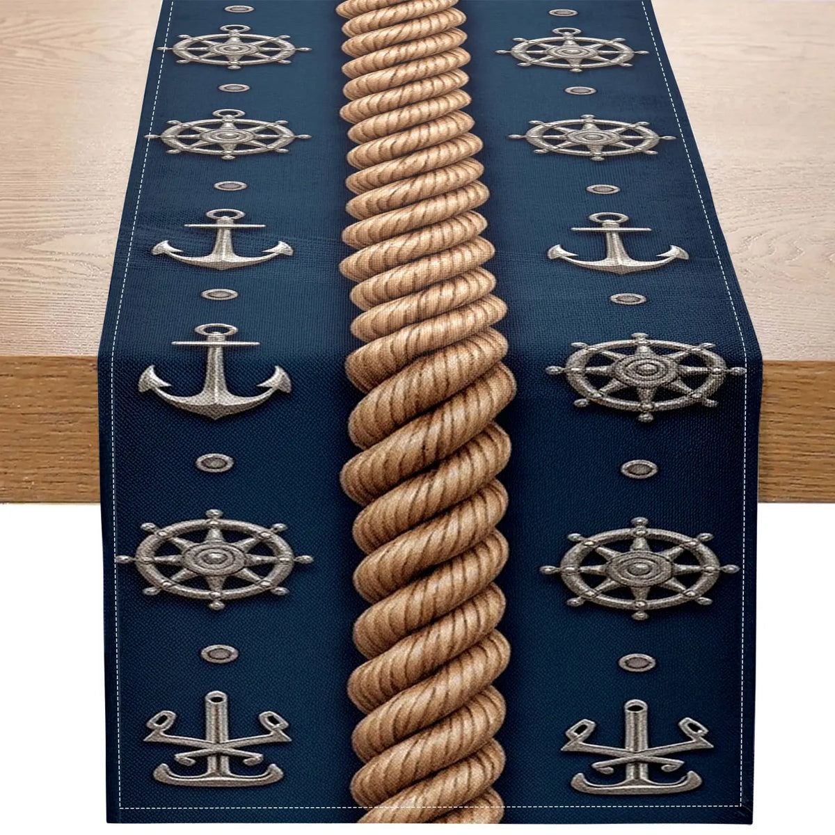 Nautical Table Runner – Anchor, Rope & Wheel Print Décor Table Runner PLUSH A 33X275Cm