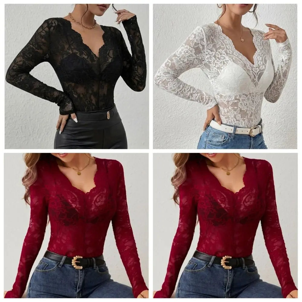 Women's V-Neck Sheer Lace Long Sleeve Slim Crop Top Blouse Lace Crop Blouse PLUSH