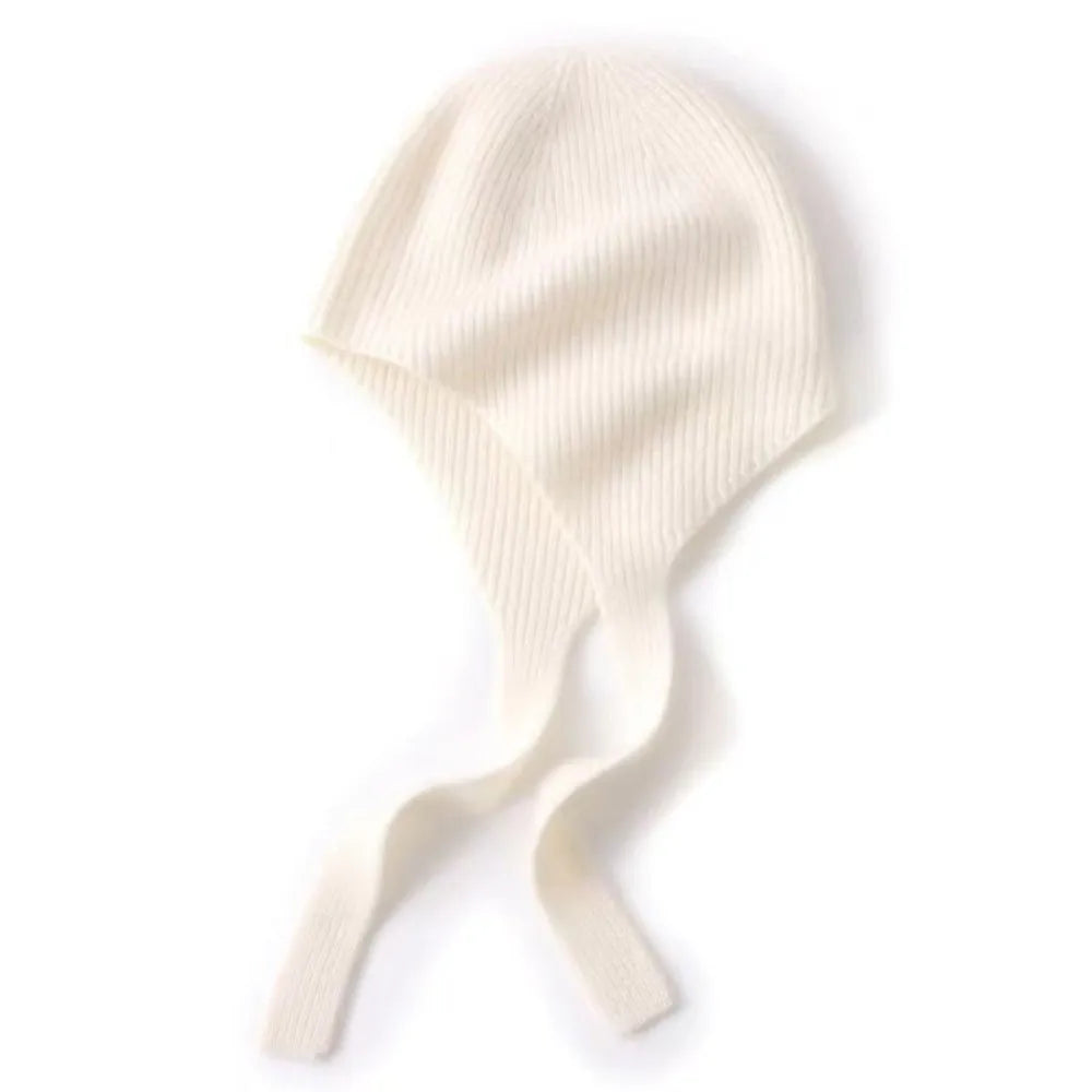 Women's Knit Earflap Beanie with Ribbon Tie – Korean Style Knit Earflap Beanie PLUSH Beige