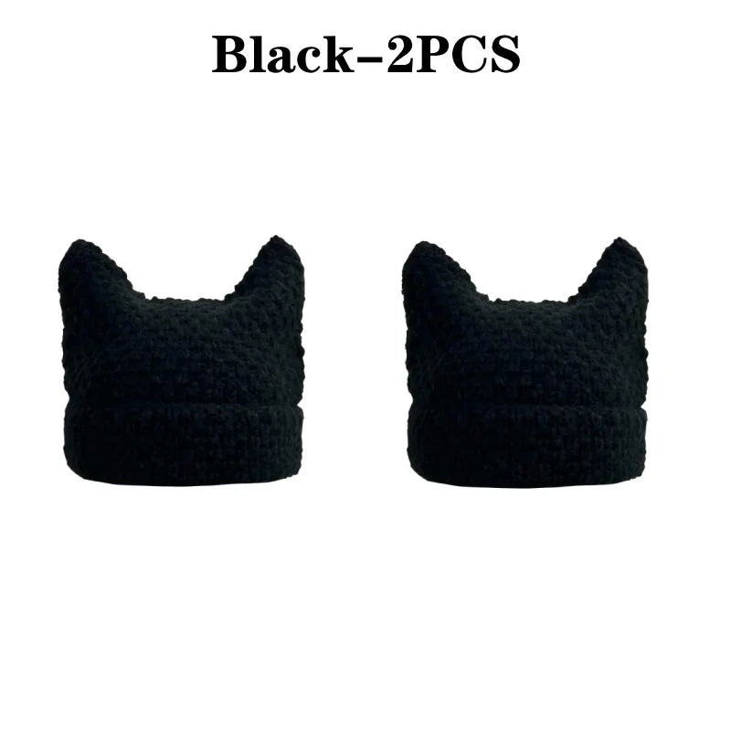 Cute Cat Ears Striped Knit Beanie – Warm Winter Hat Knit Beanie Hat PLUSH Black-2PCS
