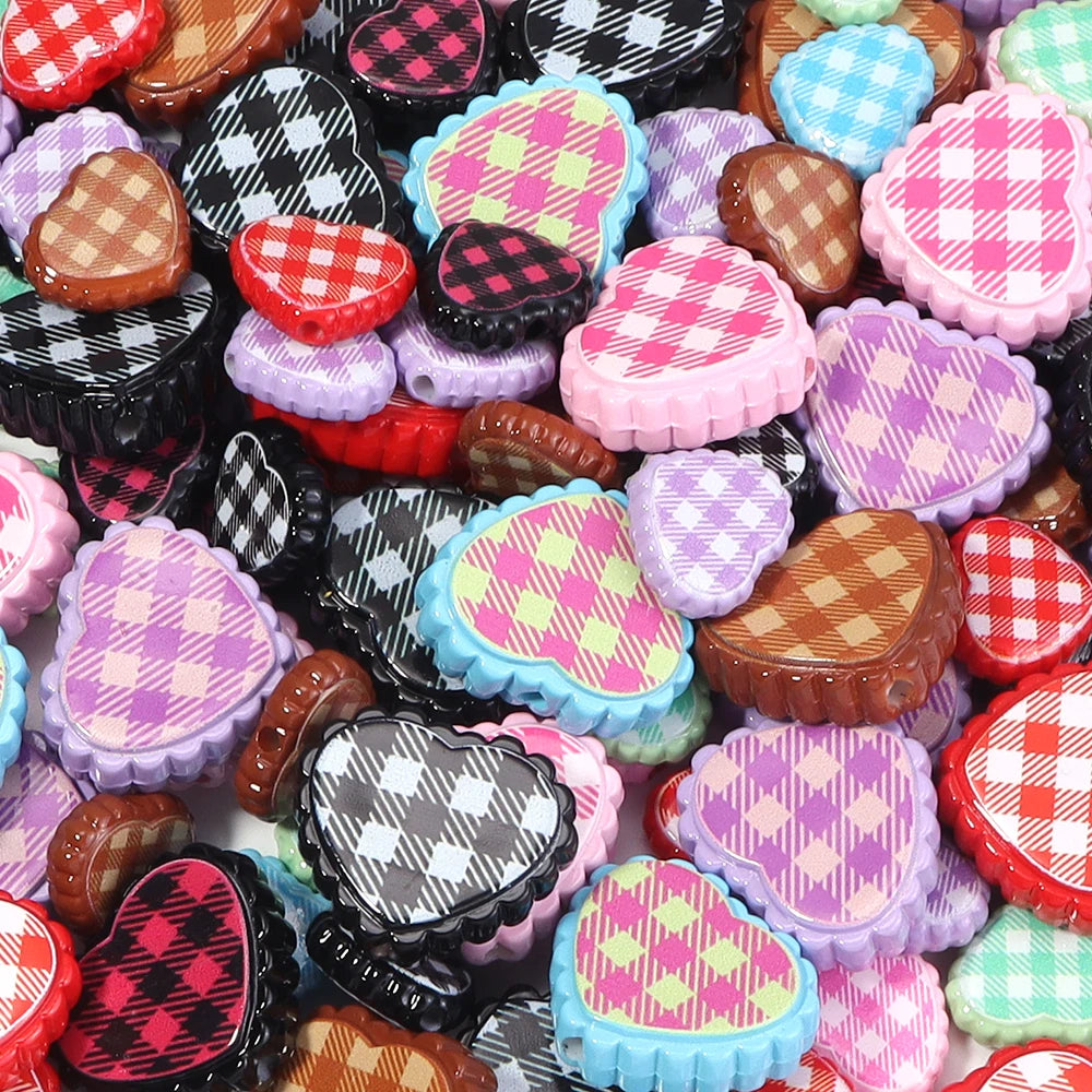 6pcs Chess Grid Heart Acrylic Beads – Colorful DIY Jewelry Acrylic Spacer Beads PLUSH