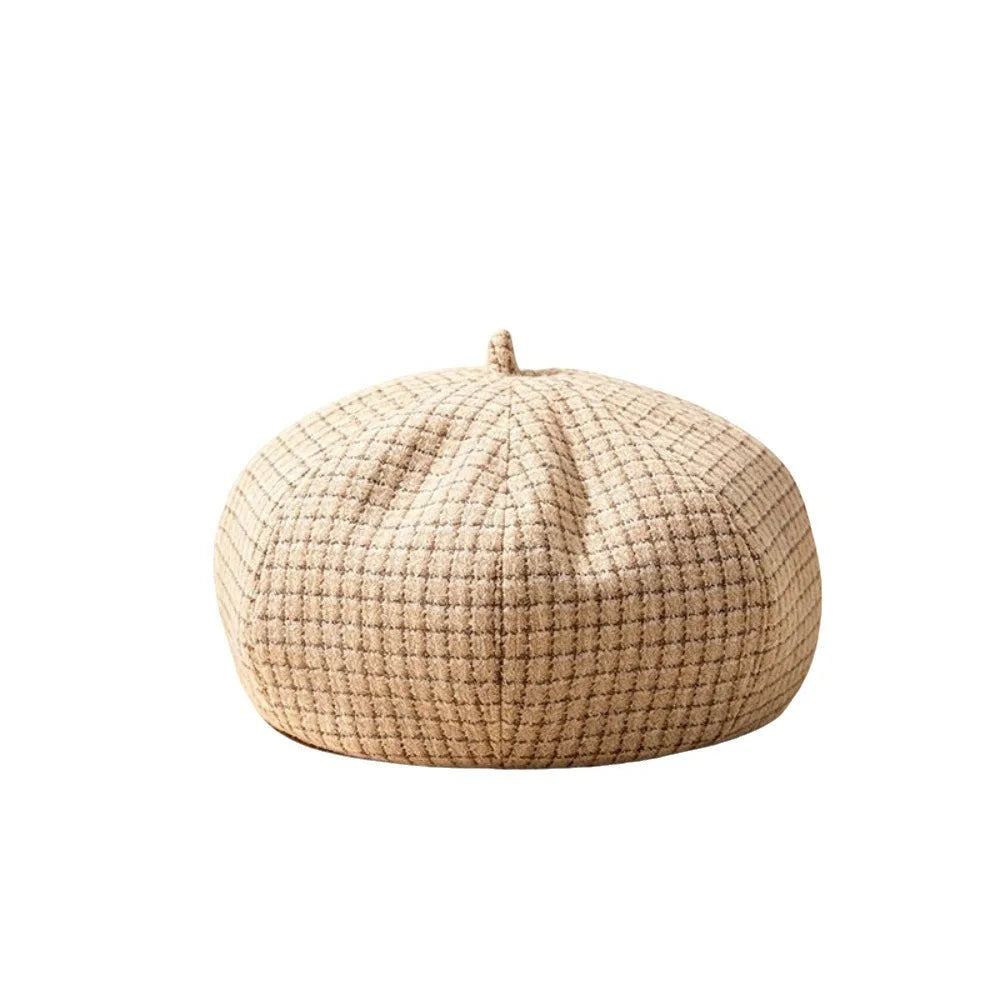 Women's Plaid Newsboy Beret Hat – Adjustable Japanese Style Newsboy Beret Hat PLUSH Beige
