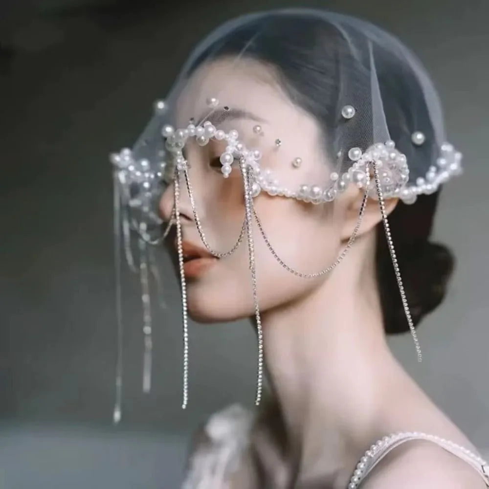 Vintage Pearl Bead Short Bridal Veil – White Tulle Wedding Headpiece Bridal Veil PLUSH White