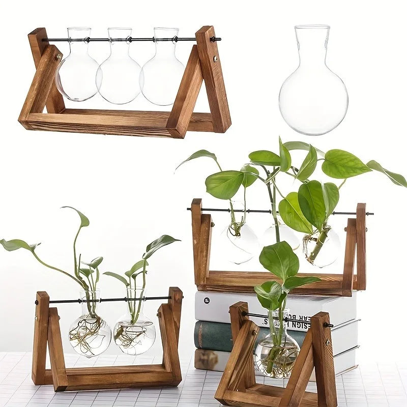 Glass Propagation Station in Wooden Rack | Hydroponic Vases Propagation Station PLUSH