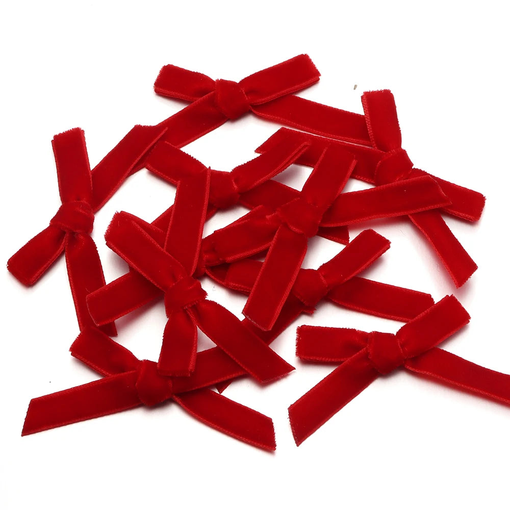 10pcs Velvet Flocking Bow Ribbons 1cm – DIY Hair & Gift Decor Velvet Bow Ribbons PLUSH red