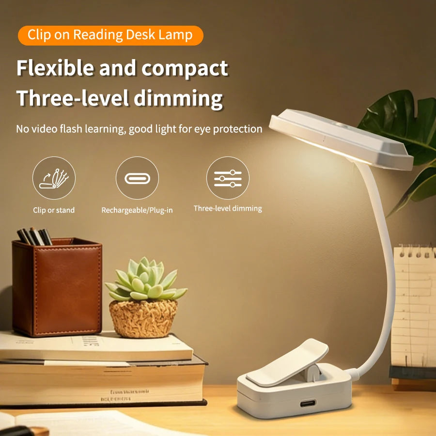 Clip-On LED Book Light USB Rechargeable Dimmable Reading Lamp Clip-On Desk Lamp PLUSH Horizontal style USB Type-C