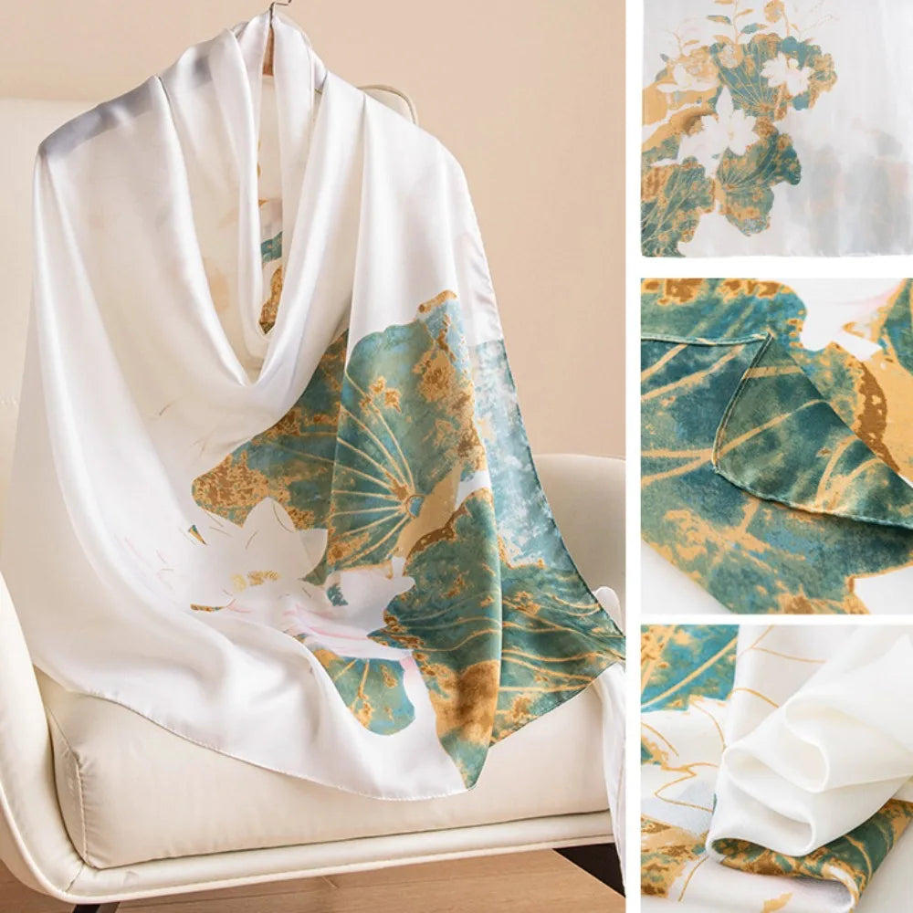 Women's Silk Chiffon Scarf – Lotus Print Shawl Wrap | 180cm Silk Chiffon Scarf PLUSH Style1