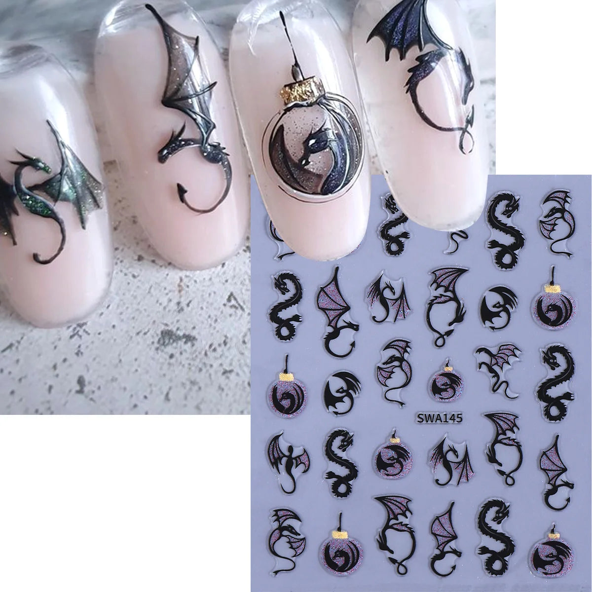 Gothic Dragon 3D Nail Decals – Dark Fantasy Bronzing Stickers 2pk Nail Art Stickers PLUSH