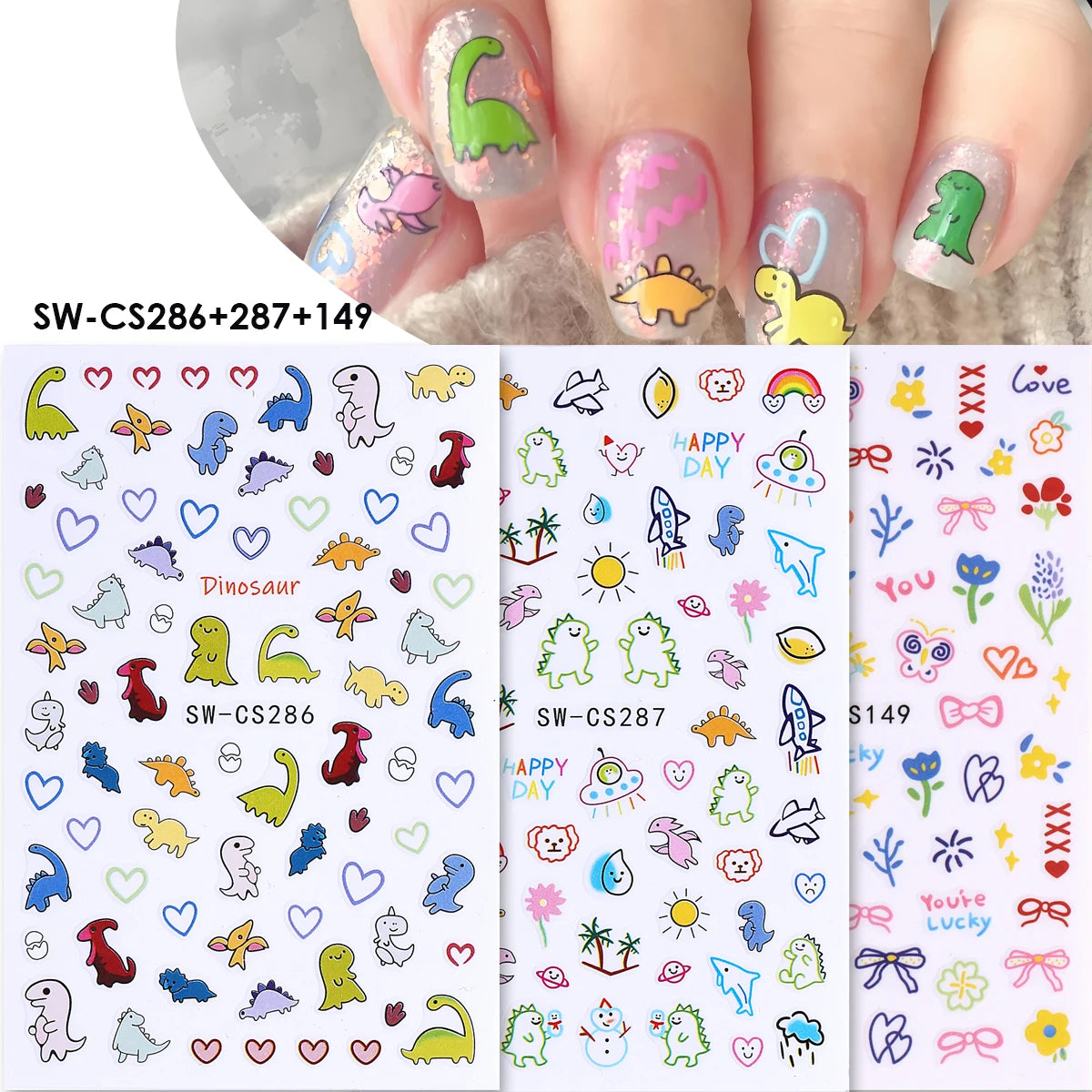 Cartoon Kawaii Nail Stickers – Dinosaur & DIY Decals 2/3pcs Nail Art Stickers PLUSH SW-CS286-287 149