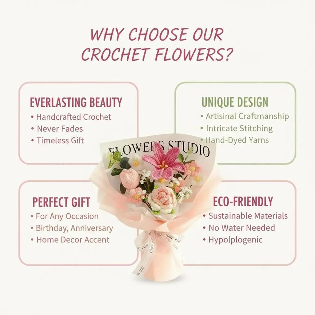 Knitted Crochet Flower Bouquet – Artificial Rose & Carnation Gift Crochet Flower Bouquet PLUSH
