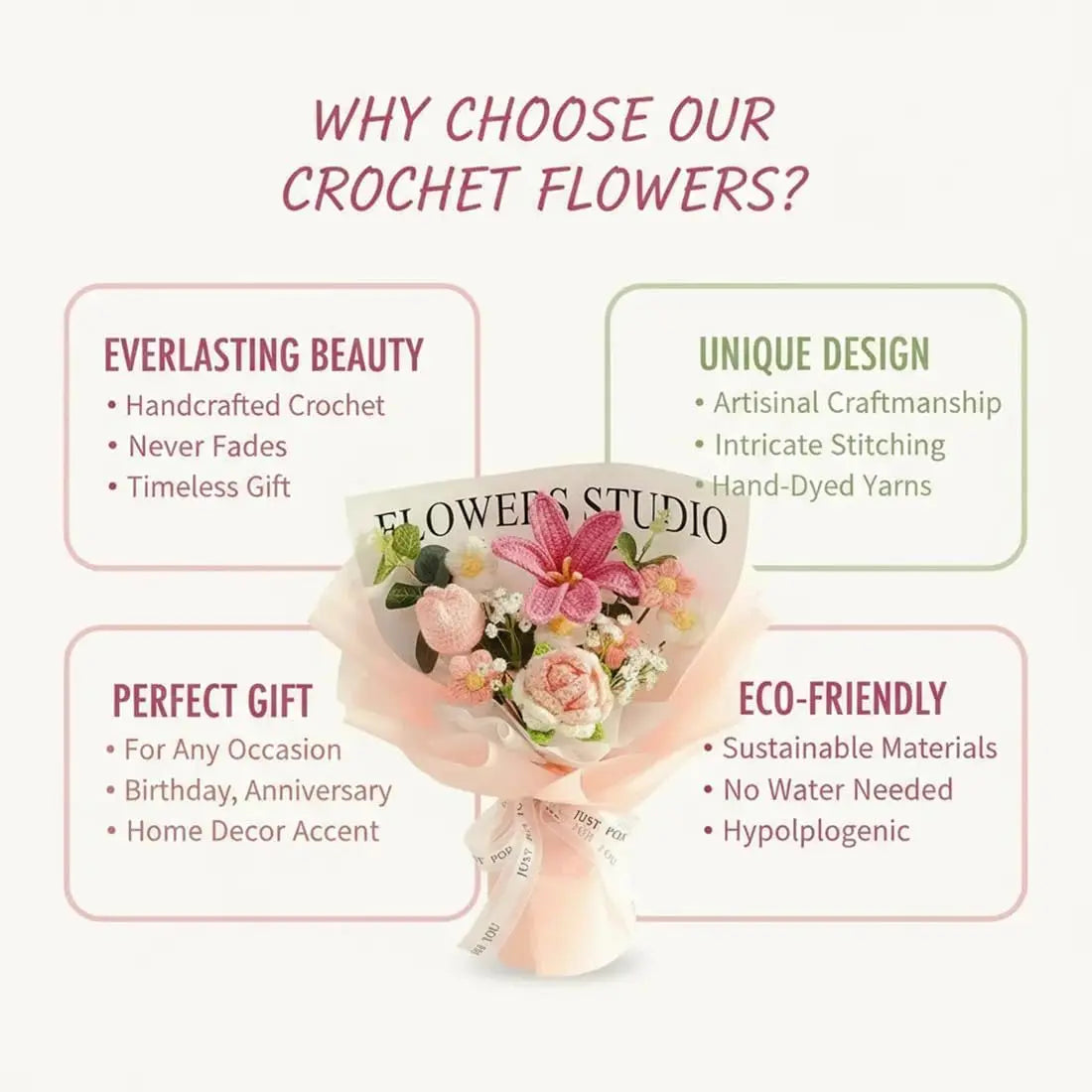 Knitted Crochet Flower Bouquet – Artificial Rose & Carnation Gift Crochet Flower Bouquet PLUSH