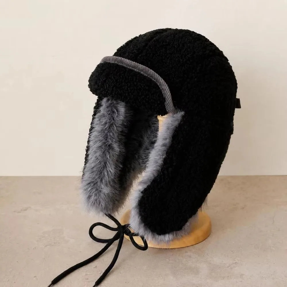 Windproof Winter Pilot Earflap Hat – Fleece Lined Beanie Cap Winter Earflap Hat PLUSH Black