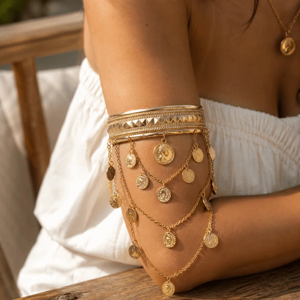 Boho Gold Tassel Arm Cuff Bangle – Adjustable Coin Leaf Armlet Arm Cuff Bangle PLUSH