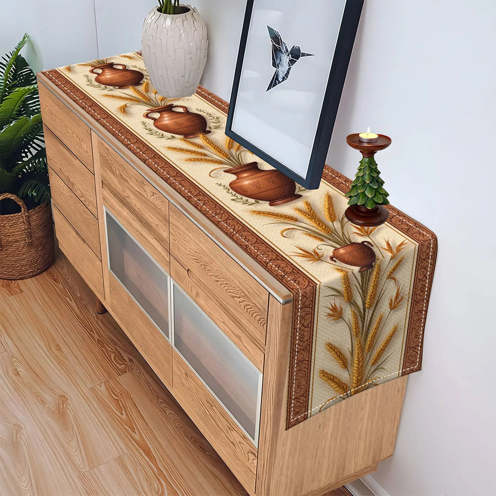 Wheat Ear & Earthenware Pot Table Runner – Autumn Harvest Table Runner PLUSH