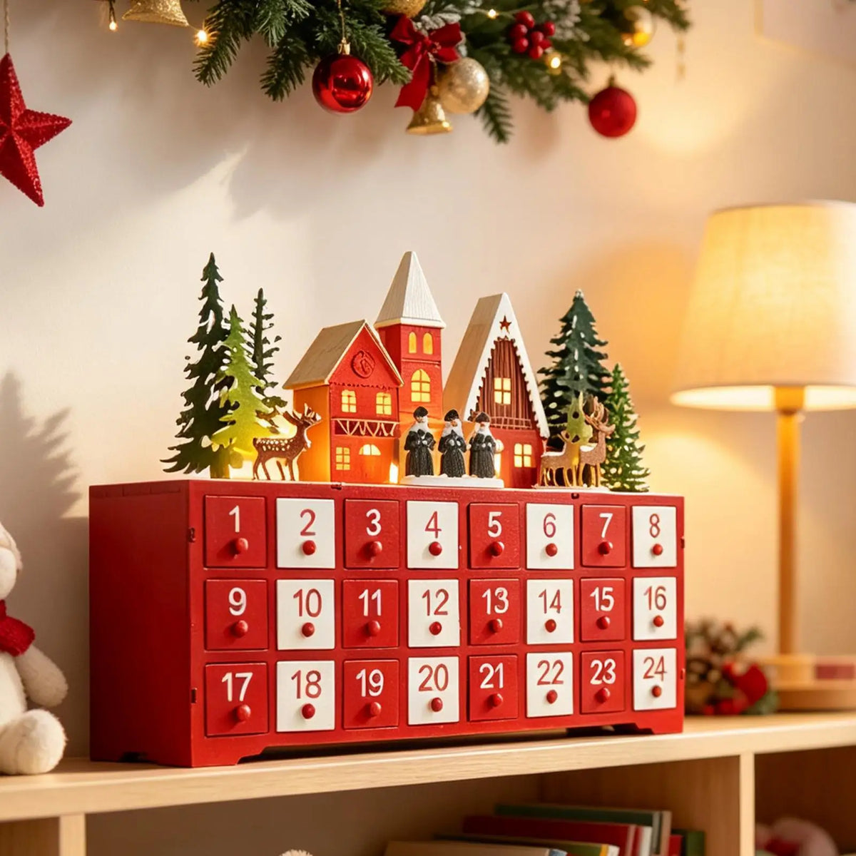 Wood Christmas Advent Calendar 24 Drawers LED Village Decor Advent Calendar Decor PLUSH