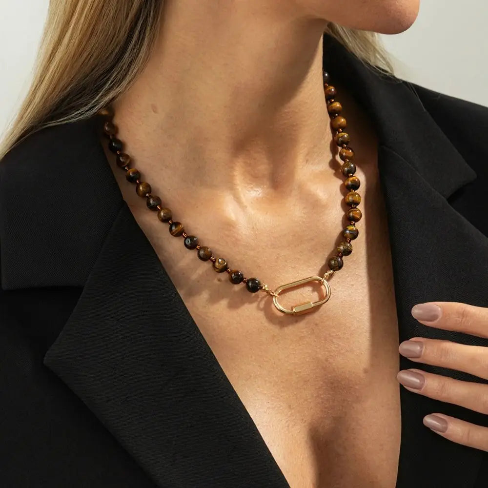 Vintage Tiger Eye Oval Pendant Choker Necklace – Minimalist Pendant Choker Necklace PLUSH