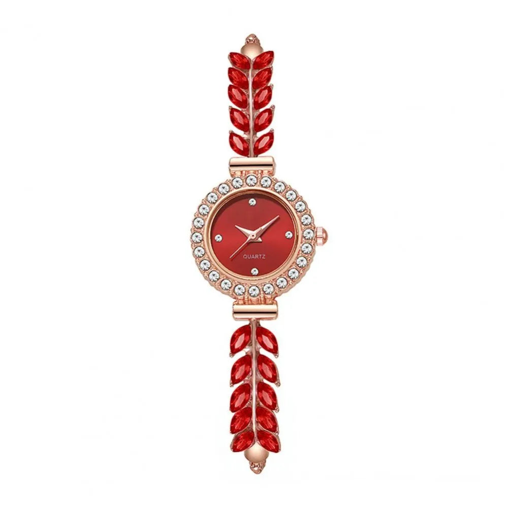Women's Slim Rhinestone Leaf Quartz Watch – Adjustable Strap Women's Quartz Watch PLUSH Red