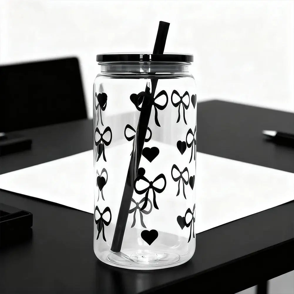 500ml Black Bow-Shaped Plastic Cup with Lid & Straw Plastic Straw Cup PLUSH