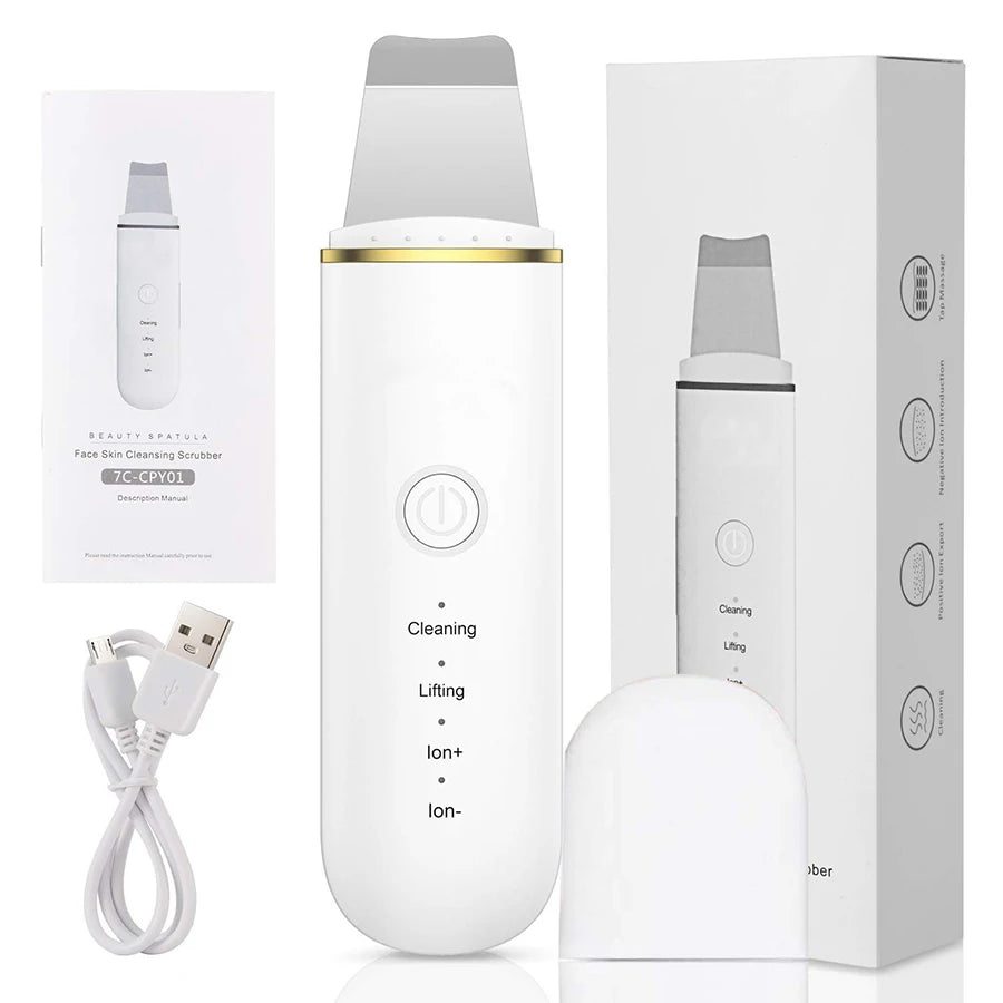 Ultrasonic Skin Scrubber Face Spatula – Pore Cleaner & Lifting Facial Cleansing Device PLUSH WHITE