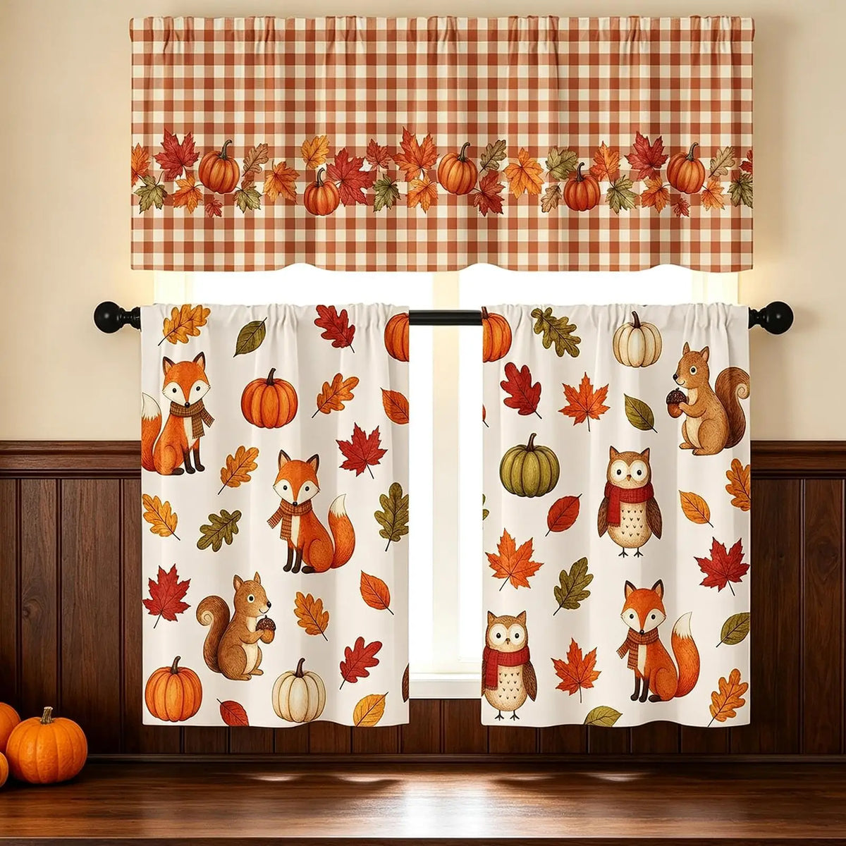3-Piece Autumn Leaves Kitchen Curtain Set | Fall Window Decor Kitchen Curtain Set PLUSH