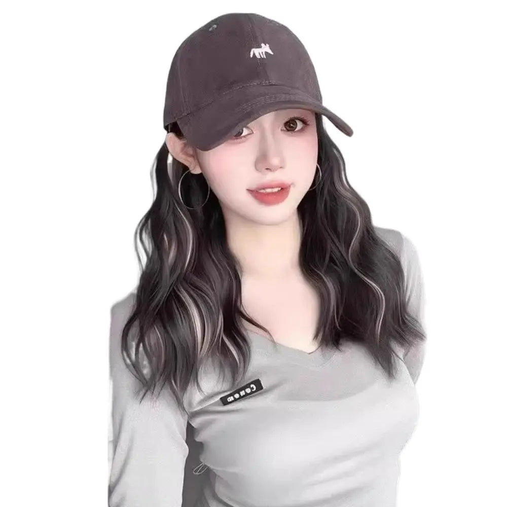 Baseball Cap with Long Wavy Wig – Korean Style Hat Hairpiece Cap Wig Hairpiece PLUSH