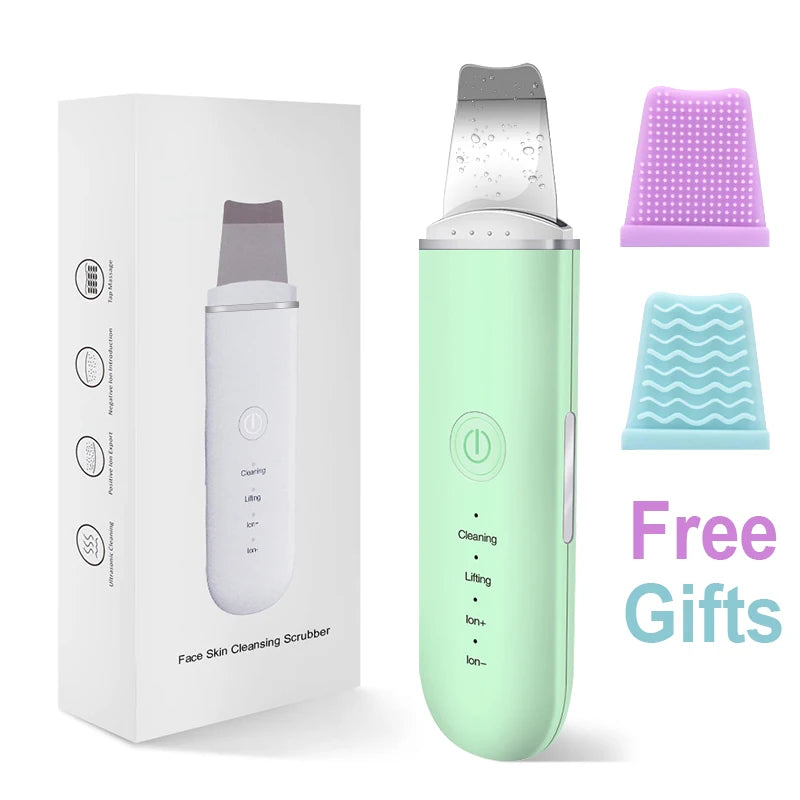 Ultrasonic Skin Scrubber Face Spatula – Cavitation Peeling Tool Facial Cleansing Device PLUSH Green