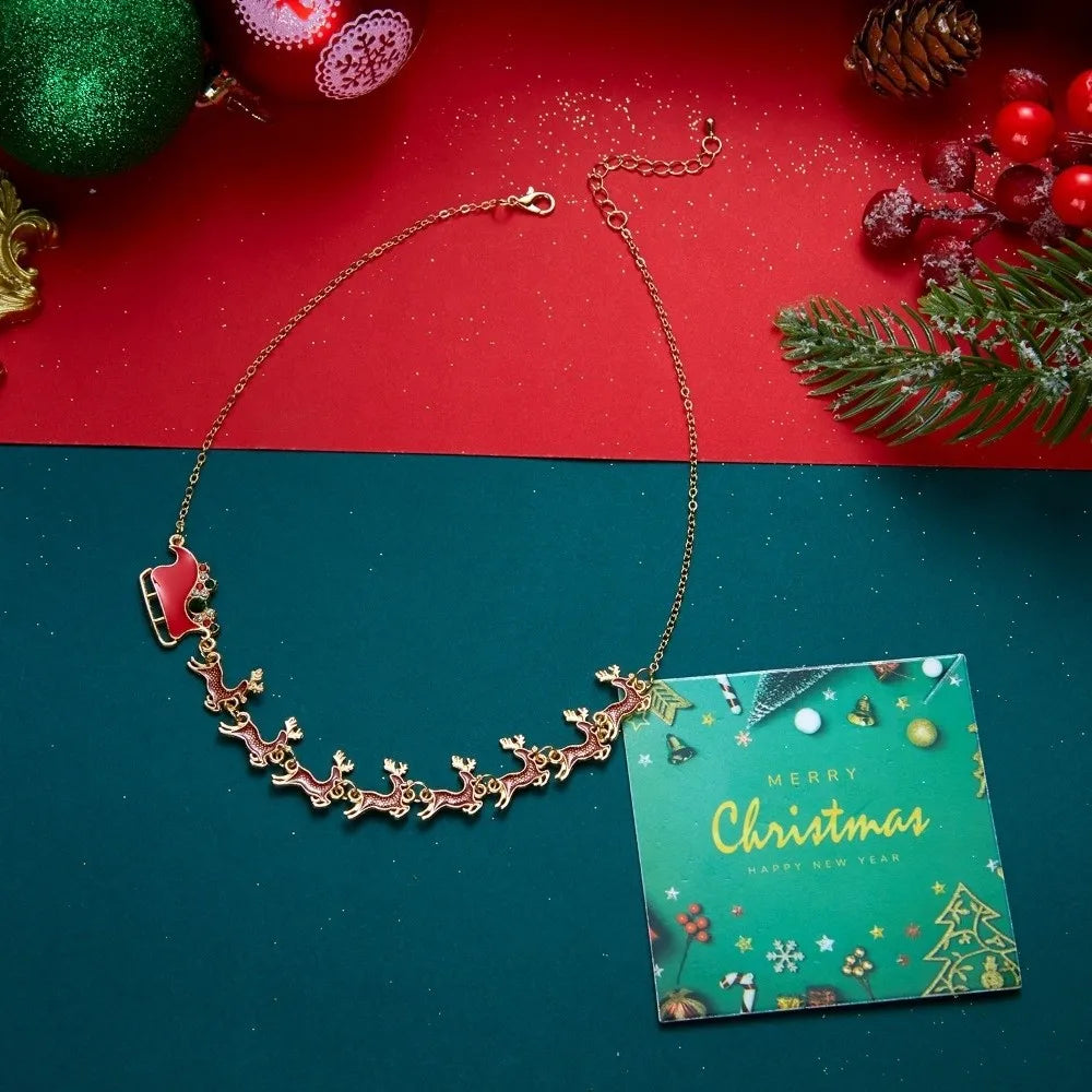 Christmas Sleigh Pendant Necklace – Enamel Rhinestone Choker Pendant Necklace PLUSH
