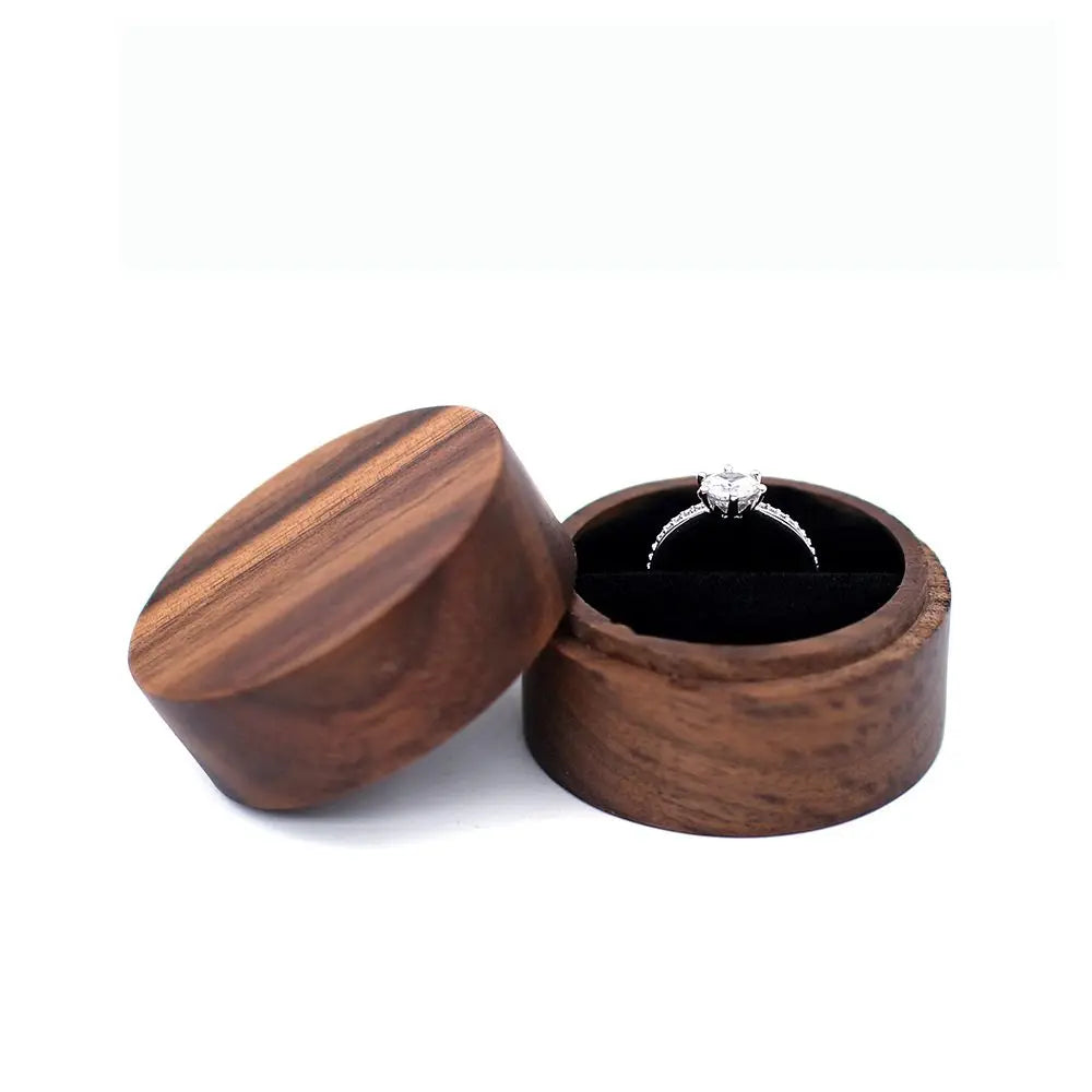 Round Walnut Wood Ring Box – Engagement & Jewelry Gift Case Jewelry Gift Box PLUSH -2