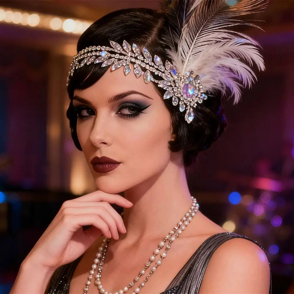 1920s Feather Headband Crystal Rhinestone Bridal Hair Band Feather Hair Headband PLUSH