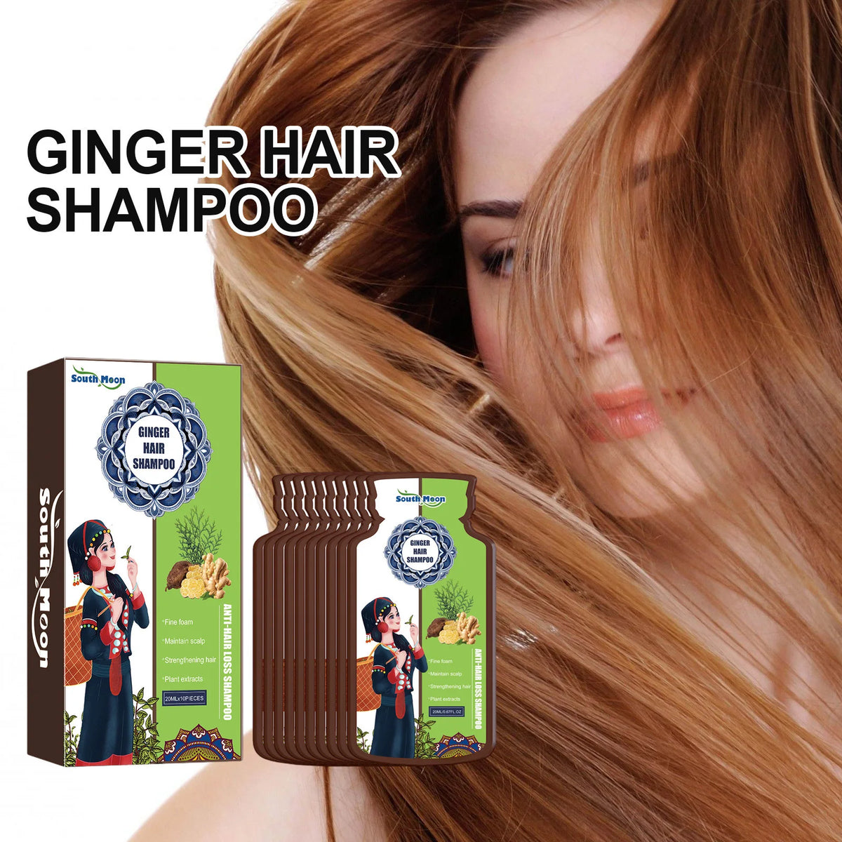 South Moon Ginger Herbal Shampoo – Nourishing Scalp Care 10pcs Herbal Hair Shampoo PLUSH