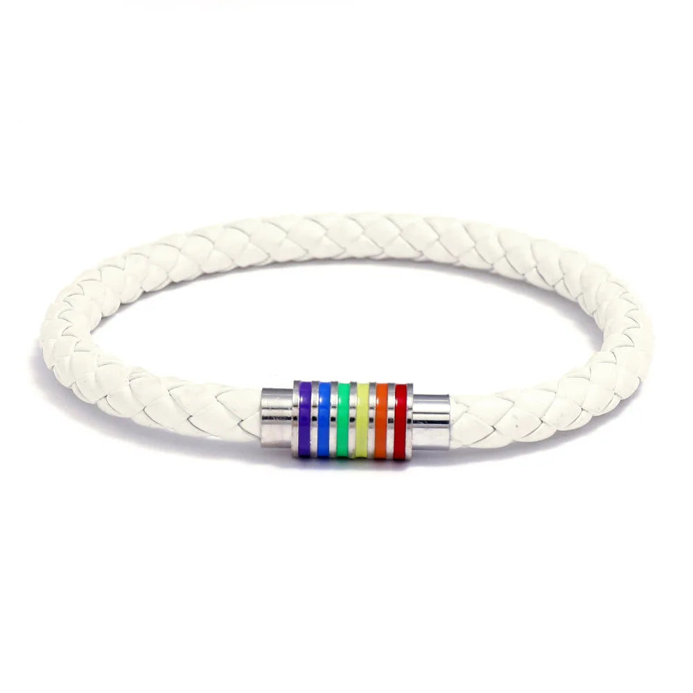 Rainbow Braided Leather Bracelet – Magnetic Buckle Unisex Bangle Leather Charm Bracelet PLUSH White Silver