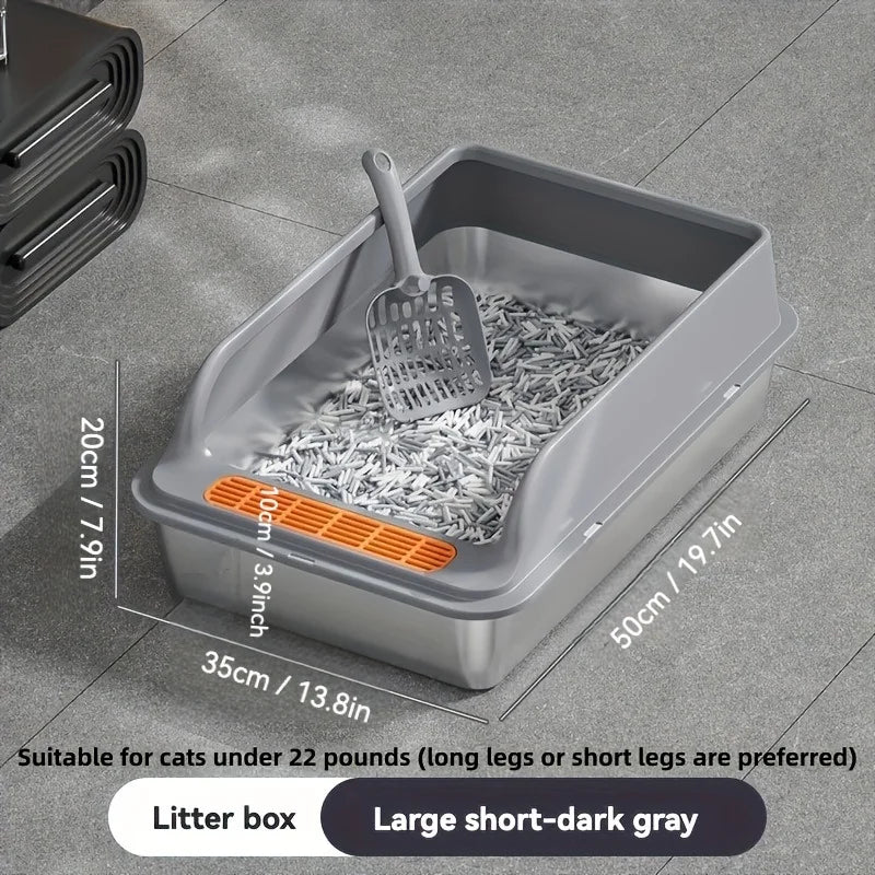 Stainless Steel Cat Litter Box with Scoop – High-Sided Design Cat Litter Box PLUSH L Short style