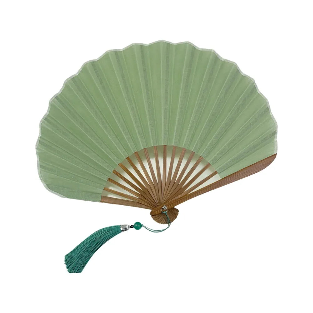 Shell-Shaped Folding Hand Fan – Bamboo Frame & Tassel Folding Hand Fan PLUSH Green
