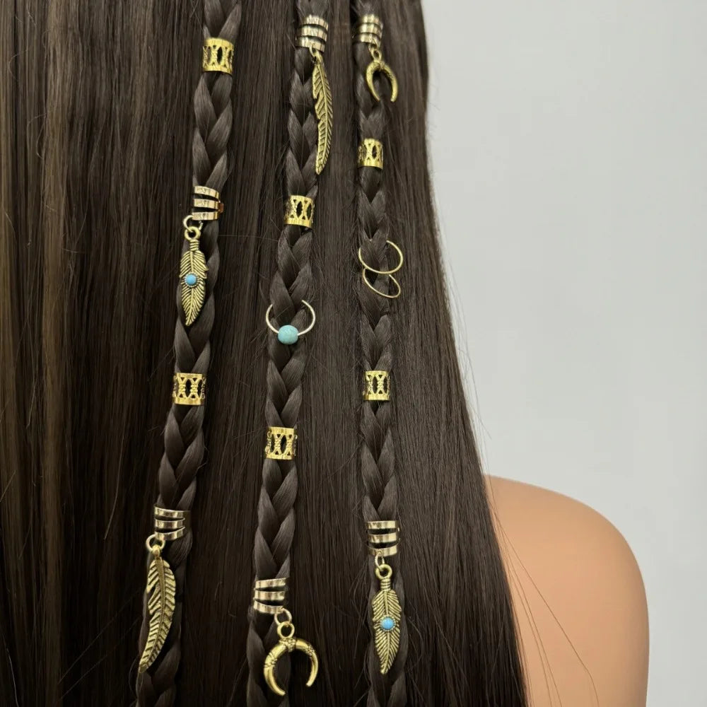 31pcs Retro Gold Leaf Moon Blue Metal Hair Braid Beads Set Hair Braid Beads PLUSH