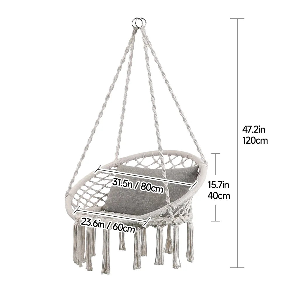 Nordic Macrame Hanging Chair – Boho Egg Swing with Fringe Macrame Swing Chair PLUSH White Swing Chair