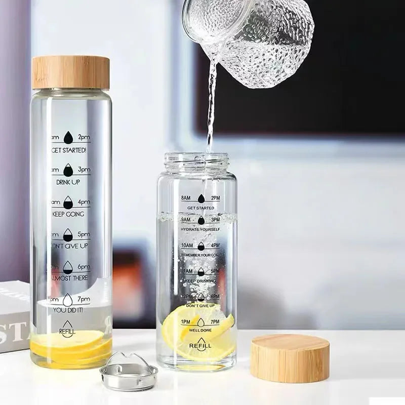 1000ml Glass Water Bottle with Time Marker | Borosilicate Glass Water Bottle PLUSH