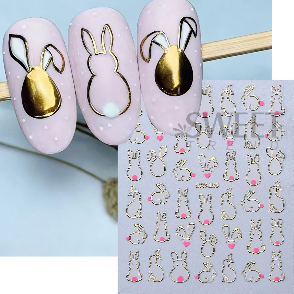 Hollow Bunny Nail Stickers Gold Silver Pink Easter Decals 2pcs Nail Art Stickers PLUSH