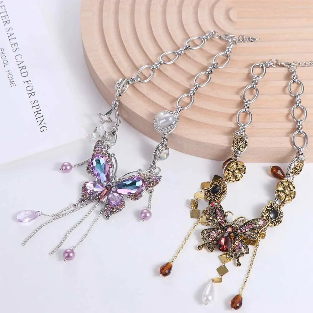 Rhinestone Butterfly Choker Necklace – Vintage Zircon & Pearl Choker Necklace PLUSH