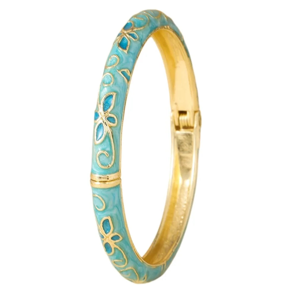 Colorful Cloisonné Enamel Floral Bangle – Vintage Chinese Style Enamel Bangle Bracelet PLUSH Sky Blue
