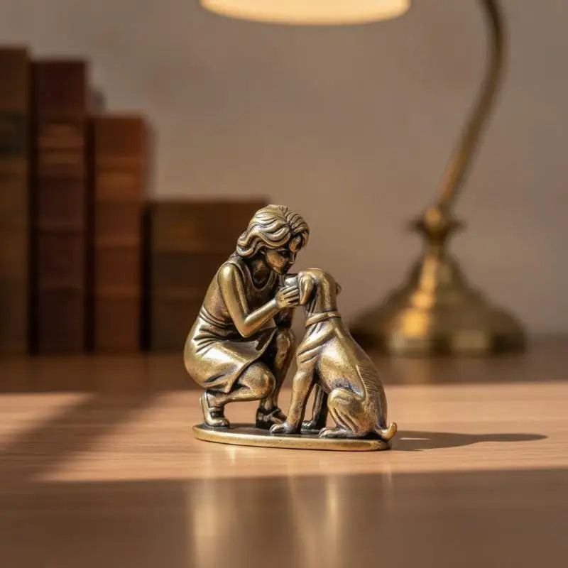 Brass Girl & Dog Figurine – Retro Mini Desktop Ornament Decor Brass Desktop Figurine PLUSH
