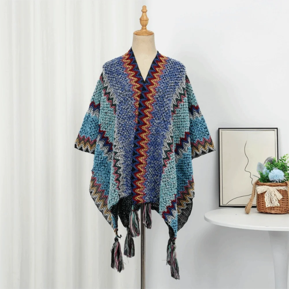 Women's Bohemian Knit Tassel Poncho Shawl – Ethnic Cape Wrap Knit Poncho Cape PLUSH Style 7