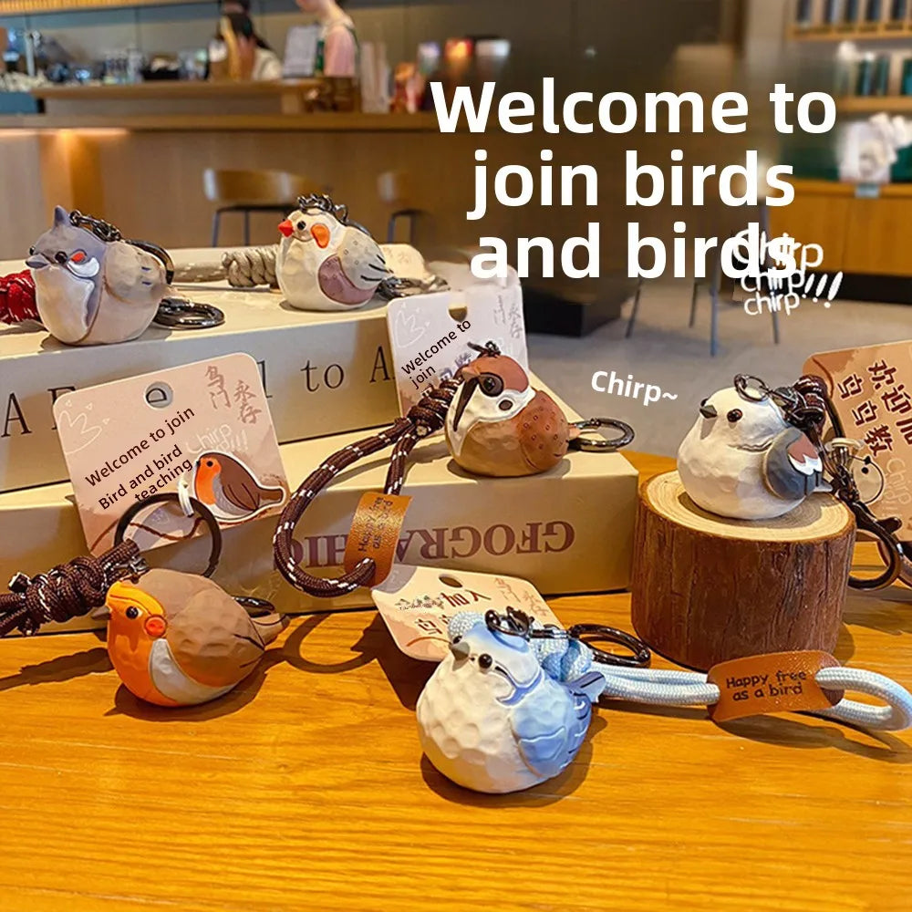 Kawaii Bird Keychain – Wood Carving Style Blue Tit Sparrow Animal Keychain PLUSH