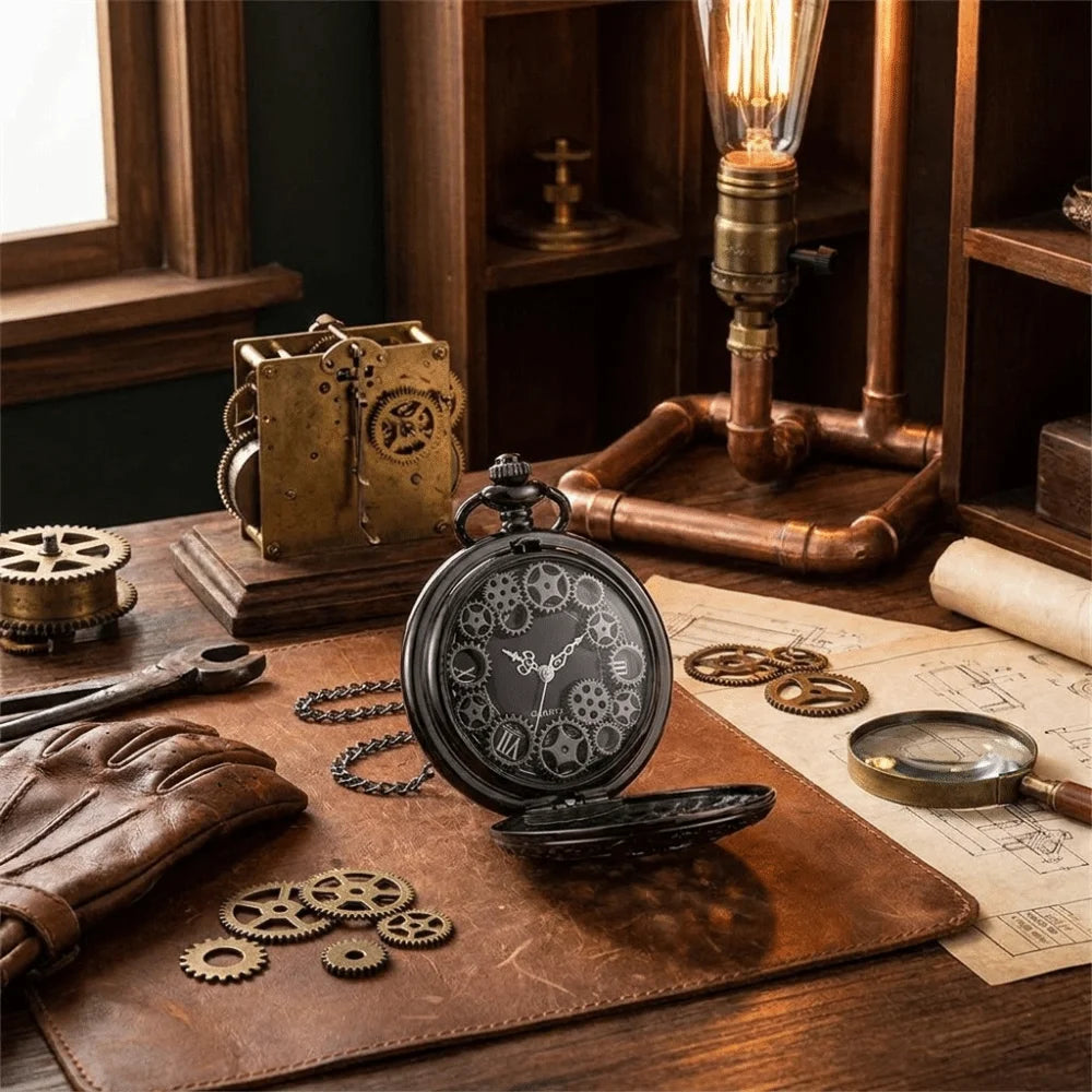 Vintage Steampunk Hollow Gear Quartz Pocket Watch Necklace Pocket Watch Necklace PLUSH