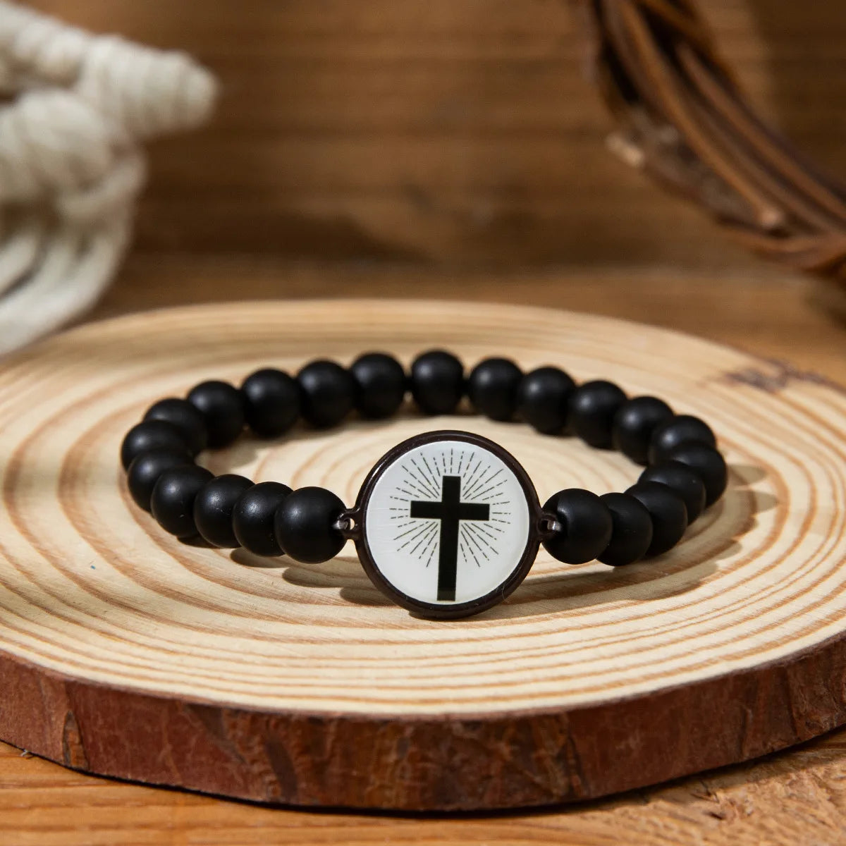 NFC Bible Verse Natural Stone Cross Bracelet – Unisex Christian Beaded Cross Bracelet PLUSH matte black length 18cm