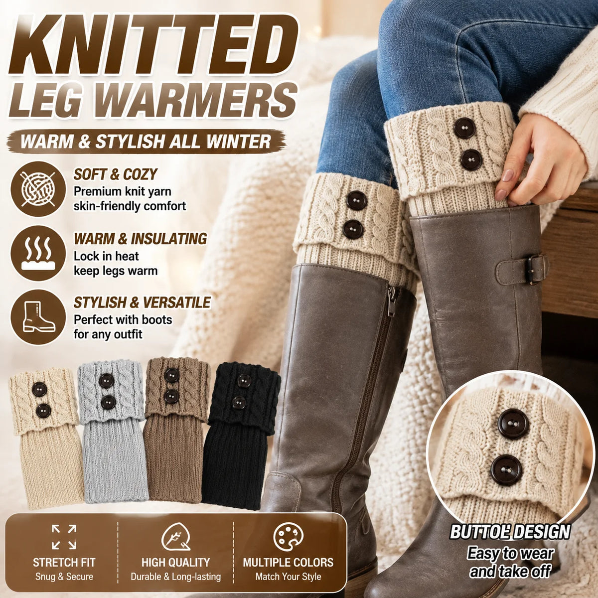 Cable Knit Button Ankle Leg Warmers – Women's Boot Toppers Ankle Leg Warmers PLUSH