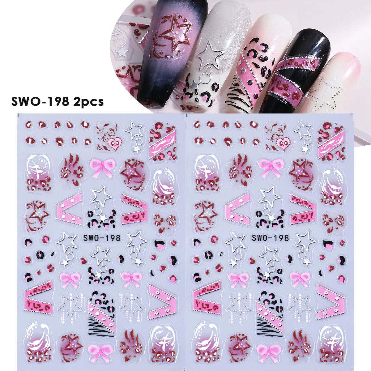 Y2K 3D Matte Nail Decals – Star Leopard Bow Belt Stickers 2pcs Nail Art Decals PLUSH SWO-198 2pcs