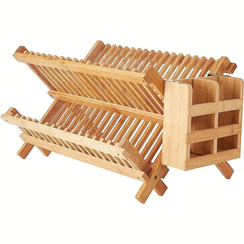 Foldable 2-Layer Bamboo Dish Drying Rack with Utensil Holders Dish Drying Rack PLUSH Bowl Rack